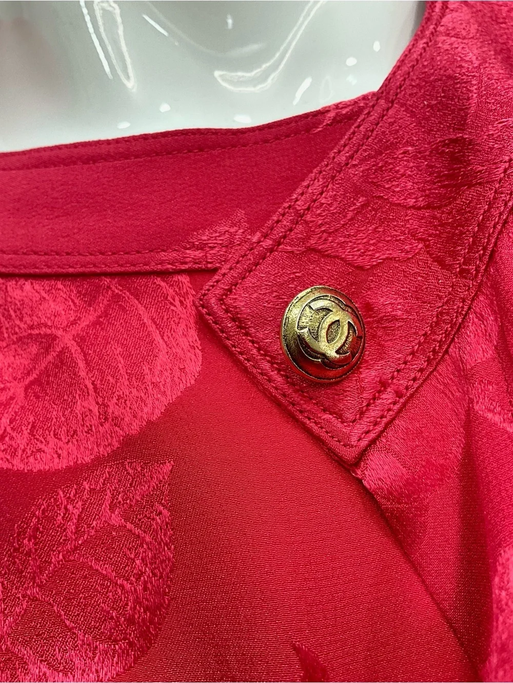 CHANEL Vintage 3 Pc Red Silk Floral Jacquard Pantsuit Set Jacket Top Pants XS/S